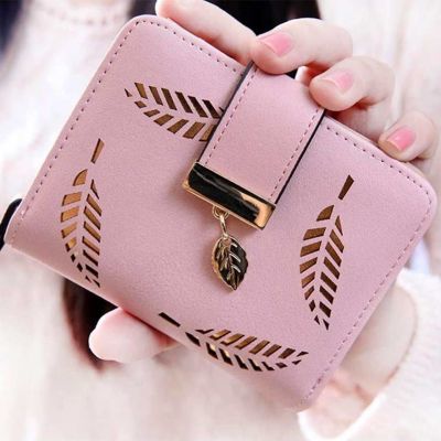 Women Wallet PU Leather Purse Female Zipper Gold Hollow Leaves Pouch Handbag For Coin Card Holders Clutch