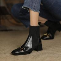 Fashion Women Boots Square Toe Square Mid Heel Ladies Ankle Boots Metal Decoration Slip-on Ins OL Sock Solid Color Female Shoes