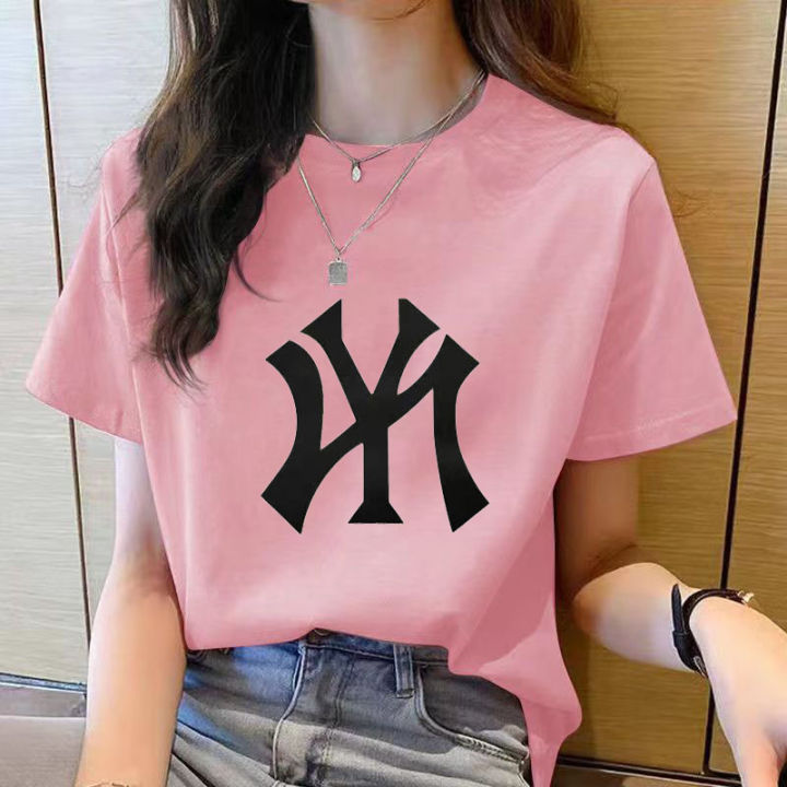 เสื้อยืดผู้หญิงสีชมพูใหม่ฤดูร้อนแขนสั้นพิมพ์ลายเรียบง่ายแฟชั่นลำลองโอเวอร์ไซส์เสื้อเชิ้ตสไตล์เกาหลี