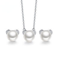 925 Silver Cute Bear Jewelry Set Freshwater Pearl Necklace Earring Rose Gold Set Feminine Korean Mini Earring Simple Pendant