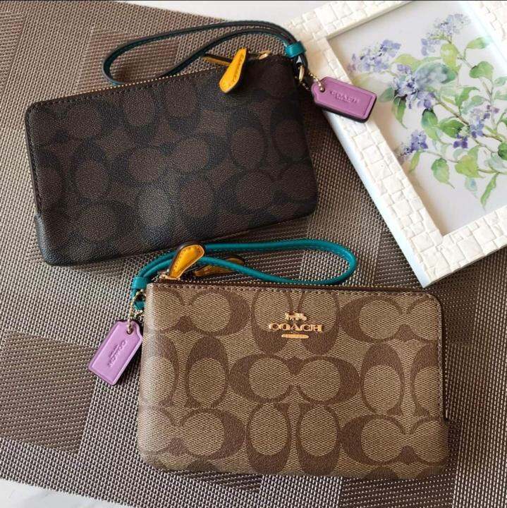 Double corner zip wristlet in colorblock signature canvas Clearance