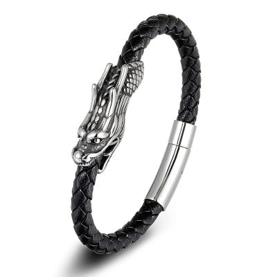 Braided Black Stainless Steel Cuff Cool Dragon Head Bracelet Jewelry Bracelet