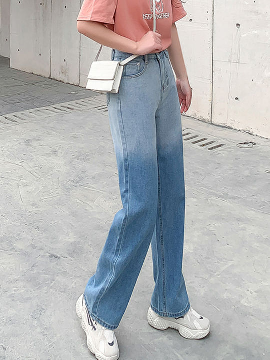 กางเกงยีนส์ขาบานอเมริกาแบบย้อนยุคกางเกงยีนส์-gradient-แฟชั่นของผู้หญิงสีน้ำเงิน