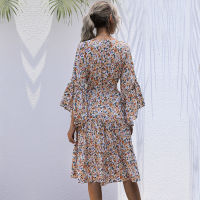 White Chiffon Flared Sleeve Dress Woman Summer O Neck Midi Dress 2021 Pleated Printed Dress Short Sleeve Cascading Ruffles Dress