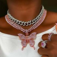 Fashion Bling Rhinestone Big Butterfly Pendant Necklace for Women Pink Blue Crystal Cuban Chain Necklace Rapper Rock Jewelry Headbands