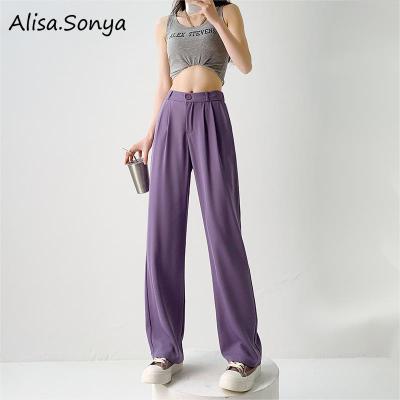 Alisa .Sonya กางเกงสูทเอวสูงขากว้าง,กางเกงขากว้างสีขาวบางลายหลวมแบบเกาหลีฤดูร้อนปี2021พร้อมพื้น