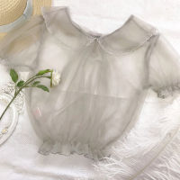 Women Sheer Mesh Short Sleeve Tops Transparent Sweet Princess Lolita Kawaii Lace Mesh Tops Mori Girl Bottom Blouse