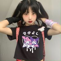 Sanrio Kawaii Kuromi เสื้อยืดแขนสั้นเปิด Bellybutton ด้านบนนุ่มสาวการ์ตูนพิมพ์เสื้อผ้าฤดูร้อนน่ารักประเดิมของขวัญ