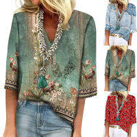 Boho Vintage ผู้หญิงเสื้อฤดูร้อน V คอครึ่งแขนเสื้อพิมพ์ลายดอกไม้หญิงสบายๆหลวมเกาหลี Streetwear Blusas Tee