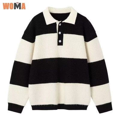 ℗☍ hnf531 WOMA Mens turtleneck striped plush sweater Japanese casual style Polo neck long-sleeved sweater