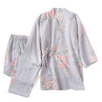 100% Cotton Women Sleepwear Home Clothes Ladies Half Sleeve Kimono Robe Sets Long Trousers Pajamas Suit Homewear Pijama Seda