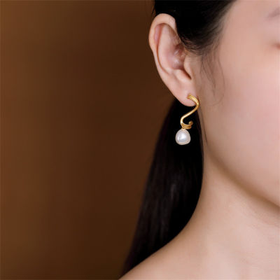 Uglyless Curved Elegant Swan Neck Gold Earrings Women Natural Baroque Pearls Earrings Genuine 925 Silver Brincos Fashion Jewelry
