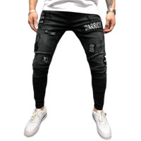 New Fashion Streetwear MenS Jeans Knee Hole Ripped Embroidery Jeans Trousers Hip-Hop Slim Men Jeans Pants