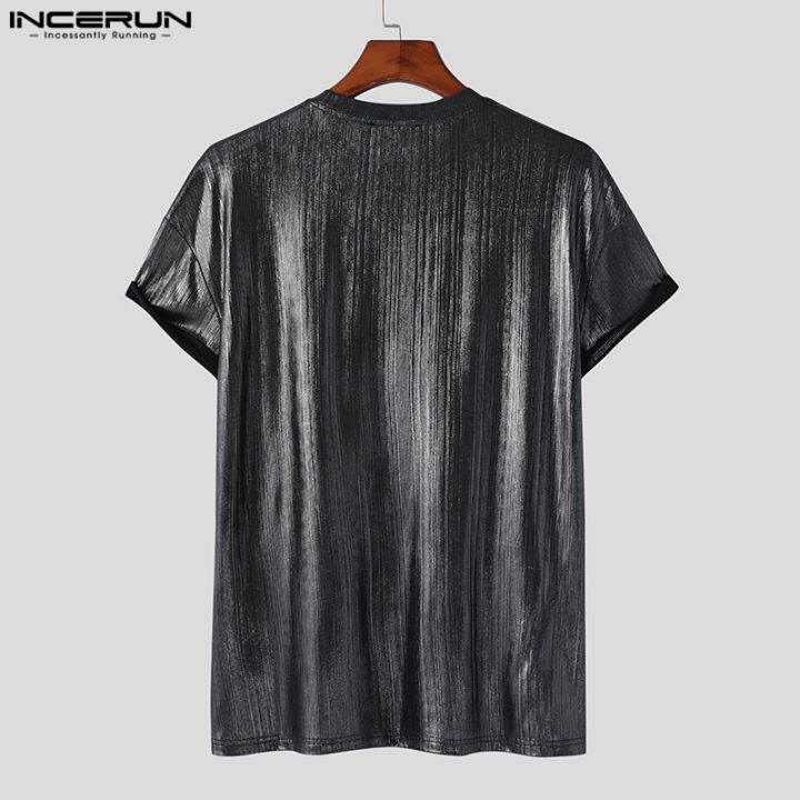 incerun-เสื้อยืดมันเงาคอกลมแขนสั้นสำหรับผู้ชายเสื้อเบลาส์ใส่เที่ยวคลับสำหรับปาร์ตี้สไตล์ตะวันตก-สไตล์ตะวันตก