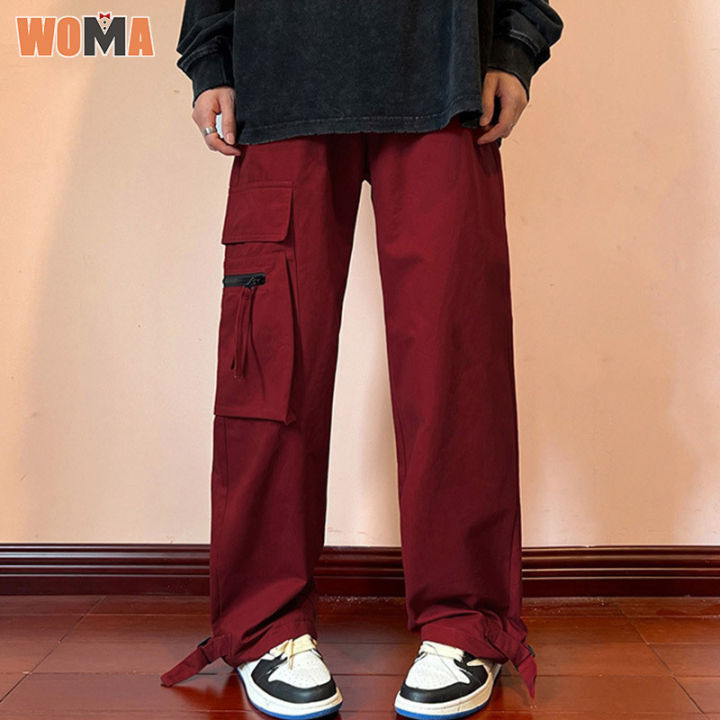woma-กางเกงวินเทจ-กางเกง-ชายขายาว-กางเกงคาร์โก้ชาย-กางเกง-ขายาว-ผู้ชาย-กางเกงคาร์โก้สีแดง
