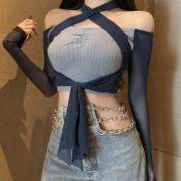 COD dsdgfhgfsdsss One-Shoulder Off-Shoulder Halter Bottoming Shirt Short Long-Sleeved t-Shirt Womens Top Sexy Slim-Fit Slimmer Look ins Trendy/Unique Stitching Cross Laced-Up Spring New Style/Irre