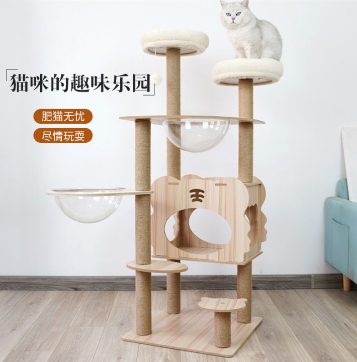 คอนโดแมว-คอนโดแมวแบบไม้-มินิมอล-พร้อมโดมนอนแบบใส-บันไดและกล่องนอน-ขนาดใหญ่-พร้อมส่ง-ร้านจากไทย