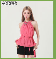 Anruo ริบบิ้นตะขอ Cewek Seksi ฤดูร้อนของผู้หญิงเสื้อชั้นในสตรีมีเสื้อแขนกุดดีไซน์แปลกสีทึบ2023สไตล์เกาหลีแบบใหม่