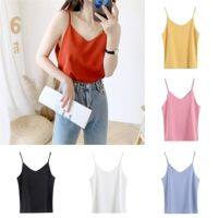 ?FC พร้อมส่ง?เสื้อสายเดี่ยว ผ้าเครป คอวี สีพื้น 6 สี แฟชั่น