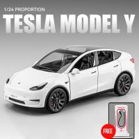 1:24 Tesla โมเดล Y โมเดลรถของเล่น3กองชาร์จโลหะผสมหล่อตายเสียงและไฟของเล่นเด็กของขวัญวันเกิด