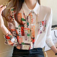 H Han Queen New Print Turn-Down Collar Print Office Blusa Vintage Tops Chiffon Blouse Womens Korean Long Sleeve Casual Shirts