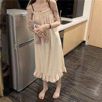 【 WYIN kitchen】 Ruffles Night Dress Women Korean Style Pajamas Spaghtti Strap Solid Wears for Loose Nightgown Sleep Ladies 2023