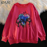 XIYUYI เสื้อสเวตเตอร์คอกลมแขนยาวสตรีมีความรักกราฟฟิตี