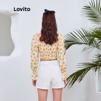 Lovito เสื้อเบลาส์ แขนยาว ผูกเชือก คอวี แบบย่น ลายดอกไม้ ทรงหลวม น่ารัก Shirred L04082 (สีขาว)