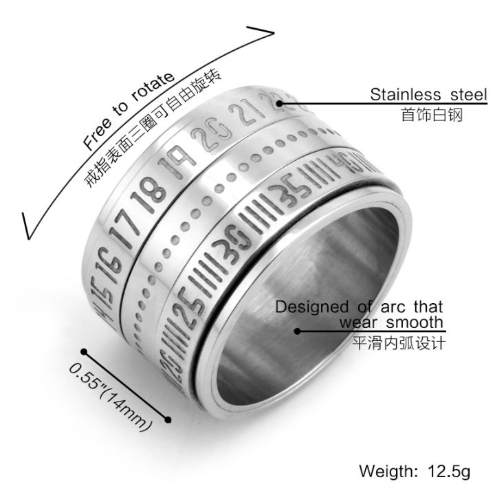 แหวนไทเทเนี่ยมเหล็กหมุนเลขอารบิกเครื่องประดับแฟชั่นแหวนแฟชั่นเครื่องประดับ