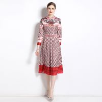 Women Dress Spot Real  Elegant Long Sleeve  Vintage Printed Midi Dress