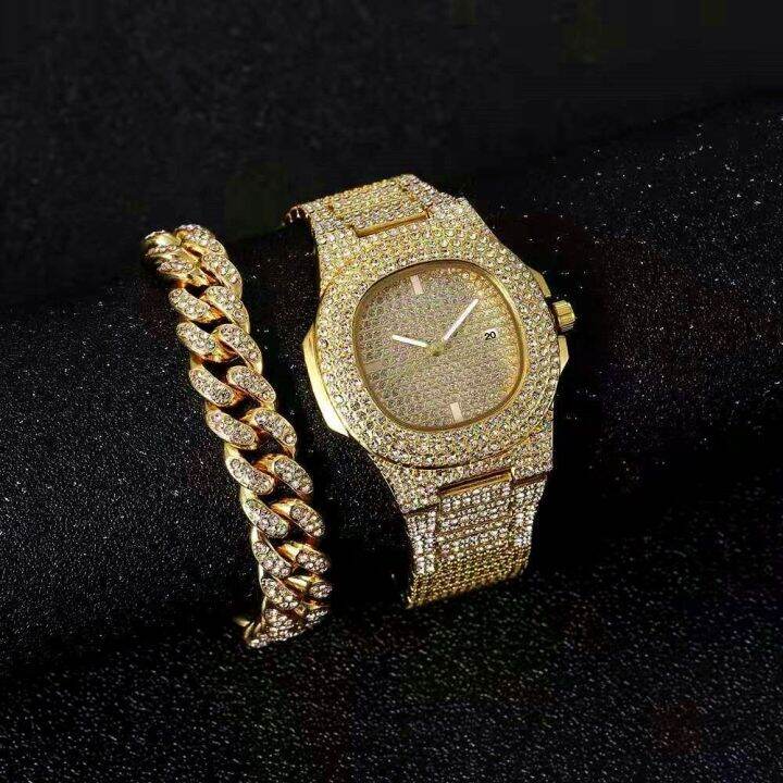 hot-seller-the-same-watch-for-men-and-women-cuban-bracelet-set-starry-hip-hop-diamond-encrusted-european-fashion-with-diamond-gold-trendy