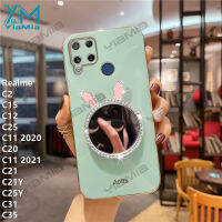 YiaMia เคสโทรศัพท์สำหรับ Realme C2 C15 C12 C25 C11 2020 C20 C11 2021 C21 C21Y C25Y C31 C35ใหม่แฟชั่นกระต่าย Makeup Mirror สร้างสรรค์ซิลิโคนนุ่มกันกระแทกกับถุงลมนิรภัยกระต่ายแต่งหน้ากระจกผู้ถือ