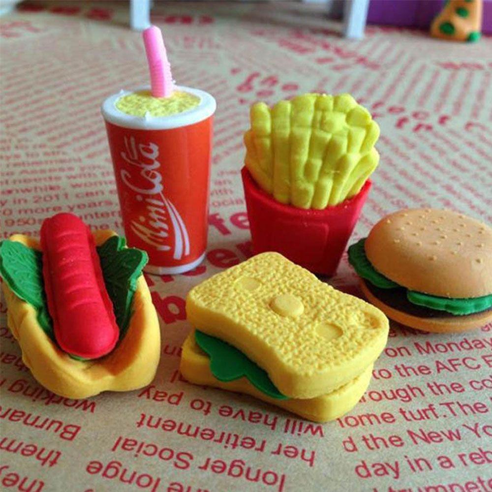 4Pcs Cake Hamburger Food Drink Fruit Rubber Eraser Stationery School Supplies 
