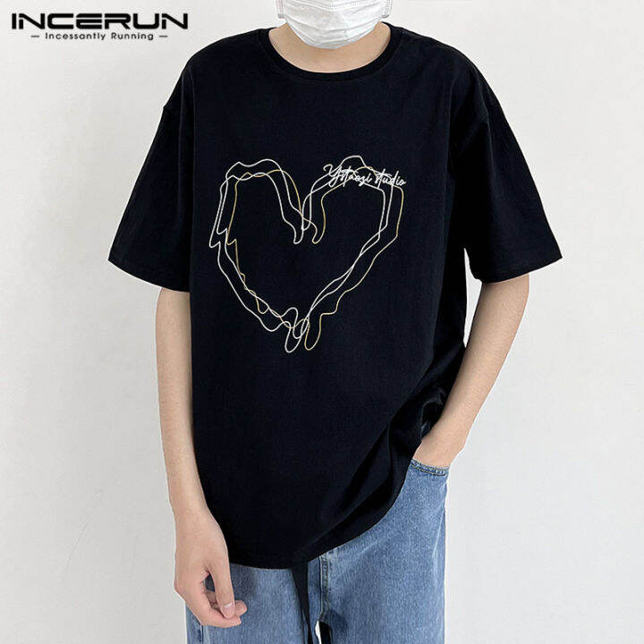 incerun-เสื้อเบลาส์ลำลองสำหรับวันหยุดเสื้อยืดคอกลมหัวใจผู้ชายแขนสั้น