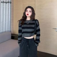 Cropped Sweaters Women Loose Striped Lazy Student Autumn Long Sleeve Chic Stylish Popular Ladies Pullovers Soft Knitted Wear Ins