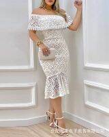 ♚☃◕ 2023 Summer Women New White Lace One Shoulder Dress Sexy Solid Color Hollow Out Bodycon Dress Party Dress