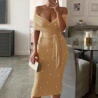 ZZOOI Laamei 2019 Sashes Pearls Beading Dresses Women Off Shoulder High Waist Bodycon Vestido Ladies Pencil Party Dress Robe Femme New