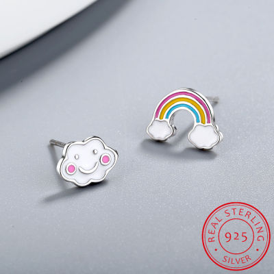 Real Pure 925 Sterling Silver Stud Earring for Women Cute Korean and Japanese Ear Pierced Could Rainbow Earrings Kids Girl