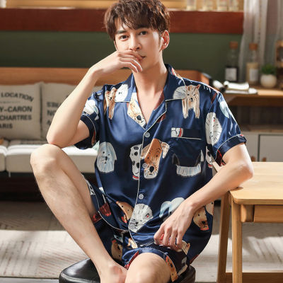 Thoshine Brand Spring Summer Autumn Men Satin Silk Pajamas Sets of T-shirt &amp; Shorts Print Male Pijama Sleepwear Buttons Closure