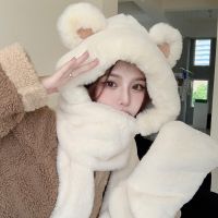 Autumn and Winter Little Bear Hat Scarf Integrated Womens Winter Warm Plush Gloves Three-Piece Set Cute Hooded Ear Protection