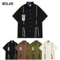 MOALN เสื้อแขนสั้นมีกระเป๋าตราสัญลักษณ์,มีระบายและหล่อ,ทรงหลวมแนวสตรีท,เสื้อเฉพาะกลุ่มสำหรับทั้งหญิงและชาย,แผ่นปะและงานเย็บปะติด