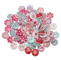 50 PCS 15mm Mixed Round Retro Floral Printing Pattern 2 Holes Wood Decorative Button For DIY crafts Wedding Decor Accessories Haberdashery