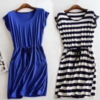 ◑ Mid-length round neck waist dress casual pocket was thin bottoming dress