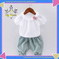 【จัดส่งรวดเร็ว?ชุดเสื้อ Lengan Pendek Musim Panas 2ชิ้นสำหรับเสื้อผ้าออกกำลังกายแบบลำลองสำหรับเด็กผู้หญิงระบายอากาศสำหรับเด็ก0-5ปี