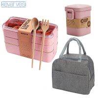 3 Layer Wheat Straw Lunch Box with Bag Japanese Microwave Bento Box with Fork Spoon Food Container for Student Office Staff