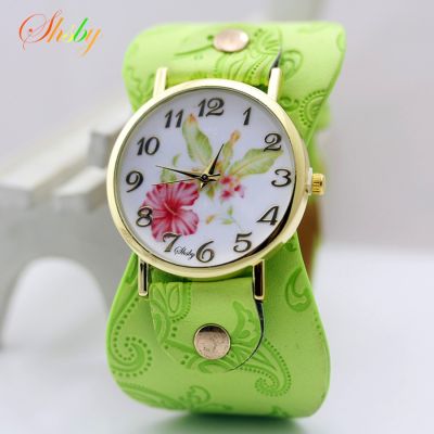 （A Decent035）Shsby New Arrival Printed LeatherWristwatch Wide BandWatch With Flowers Fashion WomenWatch Girl 39; S Gift