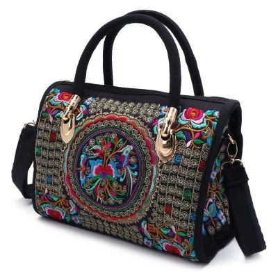 Women Floral Embroidered Handbag Ethnic Boho Canvas Shopping Tote Zipper Bag