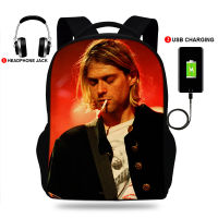 USB Charger School Bags for Teenage Boys &amp;Girls Singer Kurt Cobain Print Backpack Mens Laptop Bagpack Travel Rucksack