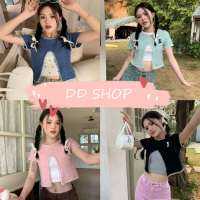 DD SHOPพร้อมส่ง 9A111 เสื้อแขนสั้นถักไหมพรม คอกลม ดีเทลเว้าเอวตรงกลางเก๋ๆ  -C