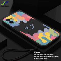 JieFie ตรงสแควร์ด้านข้างเคสโทรศัพท์สำหรับ iPhone 13 Pro Max 12 Pro Max 11 Pro Max 6 6S Plus 7 8 Plus X XS XR XS Max แฟชั่นสีสันยิ้มฝาหลังซิลิโคนอ่อนนุ่ม + เชือกเส้นเล็ก